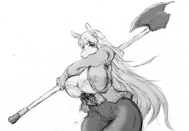 anthro axe big_breasts big_butt breasts butt clothing female greataxe h1000bon hair huge_breasts long_hair looking_at_viewer melee_weapon polearm solo standing weapon kemofujin_(comic) kemofujin canid canine canis domestic_dog hunting_dog mammal monochrome