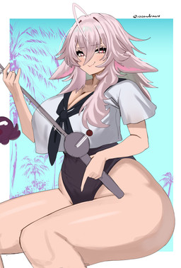 blush blush_lines breasts cleavage clothed clothing cowlick female fishing_rod hair pantsless sailor_collar sailor_uniform solo uniform gaikiken vtuber deucel animal_humanoid felid felid_humanoid feline feline_humanoid humanoid mammal mammal_humanoid hi_res