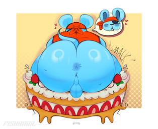 anthro anus backsack balls big_butt blue_anus blue_body blue_fur blush bottomless bottomless_anthro bottomless_male bubble_butt butt cake cake_sitting clothed clothing contact_onomatopoeia dessert eye_patch eyewear food food_fetish food_play fruit fur genitals heart_symbol impact_onomatopoeia male onomatopoeia overweight overweight_male plant red_clothing sleeveless_shirt smack_(sound_effect) solo sound_effects strawberry tail text fishbawl kirby_(series) kirby_squeak_squad nintendo storo mammal mouse murid murine rodent 2025 artist_name digital_media_(artwork)