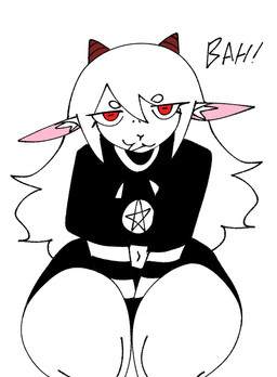 2_horns anthro black_bottomwear black_clothing black_topwear bottomwear circle_eyebrows clothing eyebrow_through_hair eyebrows eyelashes femboy hair horizontal_pupils horn inner_ear_fluff long_hair male midriff navel occult_symbol pentagram pink_inner_ear pupils red_eyes red_horn simple_background sitting solo symbol text thick_thighs topwear translucent translucent_hair tuft white_background white_eyebrows white_hair white_inner_ear_fluff white_sclera xarop77 raziel_(leafy_disaster) bovid caprine goat mammal 2025 digital_drawing_(artwork) digital_media_(artwork) hi_res portrait three-quarter_portrait