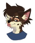 ambiguous_gender anthro blep blue_clothing blue_topwear brown_body brown_ears brown_eyes brown_fur brown_hair cheek_tuft clothed clothing facial_tuft fangs front_view fur hair inner_ear_fluff mouth_closed narrowed_eyes neck_tuft orange_body orange_fur red_inner_ear red_tongue simple_background solo teeth tongue tongue_out topwear tuft white_background yellow_body yellow_fur yellow_inner_ear_fluff princelykaden bust_portrait hi_res portrait