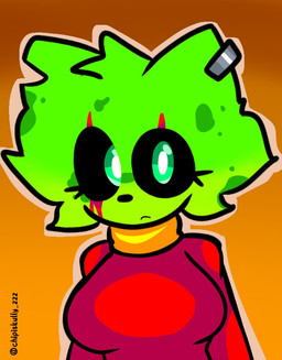:< anthro black_sclera breasts clothing ear_piercing eyelashes facial_scar female fur green_body green_eyes green_fur green_hair hair jewelry medium_breasts piercing scar short_hair simple_background solo spots sweater topwear chipiskully_zzz katy_(chipiskully) domestic_cat felid feline felis ghost mammal spirit 2026 digital_drawing_(artwork) digital_media_(artwork) portrait shaded signature simple_shading