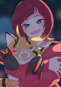 anthro blue_eyes blush clothing cute_fangs cybernetics duo fangs female fur green_eyes hair hug jacket machine mechanical_arm orange_body orange_fur red_hair smile striped_body striped_fur stripes teeth topwear toba16ks bandai_namco digimon digimon_beatbreak reina_sakuya cyborg digimon_(species) human mammal pristimon hi_res