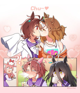 ahoge asian_clothing black_hair blush brown_hair clothed clothed_female clothed_humanoid clothing coat container cup cutaway drinking drinking_straw ear_piercing east_asian_clothing female female/female group hair interrobang japanese_clothing japanese_school_uniform kissing lab_coat notched_ear off_shoulder piercing pink_hair red_eyes school_uniform serafuku shirt spit-take surprised tank_top topwear uniform yellow_eyes mazu1kan cygames uma_musume_pretty_derby agnes_digital_(pretty_derby) agnes_tachyon_(pretty_derby) dantsu_flame_(pretty_derby) jungle_pocket_(pretty_derby) manhattan_cafe_(pretty_derby) animal_humanoid equid equid_humanoid equine equine_humanoid horse_humanoid humanoid mammal mammal_humanoid hi_res