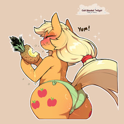 anthro big_butt blush butt clothed clothing cutie_mark eating eyebrows eyes_closed female food freckles fruit hair mouth_closed orange_body panties pineapple plant simple_background solo standing text thick_thighs three-quarter_view underwear cold-blooded-twilight friendship_is_magic hasbro my_little_pony applejack_(mlp) equid equine mammal 1:1 2025 hi_res