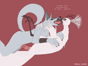 ambiguous_fluids animal_genitalia animal_penis anthro anthro_on_anthro anthro_penetrated anthro_penetrating arm_wrapping arm_wraps aroused beak bedroom biped black_nose black_sclera bodily_fluids body_hair butt claws cloaca cloaca_juice cloacal cloacal_penetration cum cum_in_cloaca cum_inside curled_tail dominant dominant_male dripping duo elderly elderly_male erection eye_roll eyebrows facial_markings feathers feet feral finger_claws fluffy fur genital_fluids genitals grey_body grey_fur half-closed_eyes head_feathers head_markings hug interspecies kiss_on_lips kissing kissing_while_penetrating kneeling larger_anthro larger_male looking_down looking_pleasured lying male male/male markings mature_male muscular muscular_anthro muscular_male narrowed_eyes nude nude_male on_front open_mouth penetration penile penile_penetration penis penis_in_cloaca precum predator/prey raised_tail red_background red_eyes saliva seductive sex shallow_penetration side_view simple_background size_difference smaller_anthro smaller_male smaller_penetrated smile smug spreading submissive sweat sweatdrop tail tail_feathers teeth toes white_body white_feathers wings wrapped_arms wraps hellz_rain dreamworks kung_fu_panda puss_in_boots_(franchise) death_(puss_in_boots) lord_shen avian bird canid canine canis galliform mammal peafowl phasianid wolf absurd_res hi_res