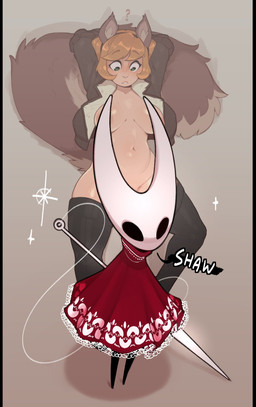 animal_ears animal_tail anthro big_breasts black_body black_border black_clothing black_eyes black_legwear black_thigh_highs border breasts brown_body brown_clothing brown_fur brown_topwear cloak clothed clothing convenient_censorship dialogue duo empty_eyes eyelashes featureless_feet feet female front_view fur green_eyes grey_background hair hands_behind_head holding_object holding_weapon inner_ear_fluff legwear navel open_clothing open_topwear orange_hair question_mark red_cloak red_clothing short_hair simple_background tan_body tan_skin text thick_thighs thigh_highs topwear tuft weapon white_body wide_hips huffslove hollow_knight_(franchise) marvel marvel_rivals team_cherry hornet_(hollow_knight) squirrel_girl_(marvel) animal_humanoid arthropod humanoid insect mammal mammal_humanoid rodent rodent_humanoid sciurid sciurid_humanoid tree_squirrel_humanoid english_text hi_res