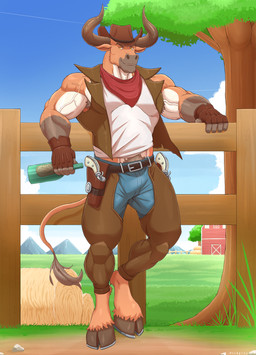 alcohol alcohol_bottle anthro armpit_hair armpit_tuft barefoot barn bedroom_eyes belt beverage biceps big_muscles blue_bottomwear blue_clothing blue_jeans blue_pants body_hair bottle bottomwear brown_belt brown_body brown_chaps brown_clothing brown_fingerless_gloves brown_gloves brown_handwear brown_hat brown_headwear brown_skin brown_topwear brown_vest bulge chaps clothed clothed_anthro clothed_male clothing cloud cloudy_sky cocky cocky_grin container cowboy cowboy_hat cowboy_outfit denim denim_bottomwear denim_clothing farm farmer feet fence fencepost field fingerless_gloves flirting flirting_look flirting_with_viewer gloves grass grass_field gun gun_belt gun_holster hand_on_fence handgun handwear hat hay hay_bale headgear headwear holding_alcohol holding_alcohol_bottle holding_bottle holding_container holding_object hooves horn jeans kerchief leaf leaning leaning_backward leaning_on_fence looking_at_viewer male manly mountain mountain_range muscular muscular_anthro muscular_male narrowed_eyes outside pants pasture pecs pistol pistol_holster pistols plant pose pubes pubes_exposed ranch rancher ranged_weapon red_clothing red_kerchief seducing_viewer seductive shirt sky smile smiling_at_viewer smirk smirking_at_viewer solo standing tail tank_top thick_arms thick_thighs topwear tree unguligrade vein veiny_muscles vest weapon weapon_holster weapon_on_hip white_body white_clothing white_shirt white_skin white_tank_top white_topwear yellow_eyes nickgray bovid bovine cattle mammal hi_res