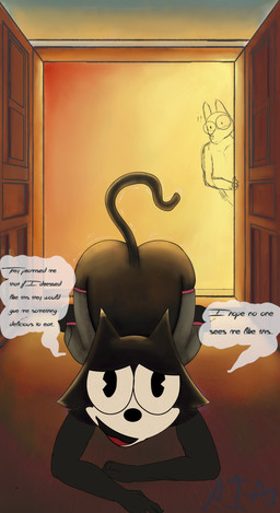 all_fours ambiguous_gender ass_up black_body black_fur cat_tail duo femboy fur male male/ambiguous simple_coloring speech_bubble surprised text xiaril felix_the_cat_(series) felix_the_cat humanoid absurd_res character_request english_text hi_res shaded simple_shading sketch
