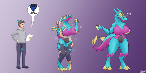 anthro basic_sequence big_breasts blue_body breast_growth breasts brown_hair clothed clothing female gender_transformation growth growth_lines hair hand_on_breast human_to_anthro linear_sequence machine male mtf_transformation paper pink_body robotization screen screen_face solo species_transformation surprised tail tail_growth thick_thighs three_frame_sequence torn_clothing transformation transformation_sequence diethyl human mammal robot synth_(vader-san) 2:1 colored hi_res sequence