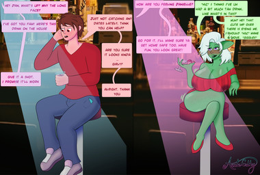 bar_stool bimbofication blush breast_growth breasts brown_hair clothing crossgender dialogue dress drugged drunk female furniture gender_transformation growth hair human_to_humanoid male mtf_crossgender mtf_transformation not_furry pink_eyes red_clothing red_dress red_eyes red_shirt red_topwear shirt solo species_transformation speech_bubble stool substance_intoxication text topwear transformation white_hair acutegabby goblin human humanoid mammal absurd_res english_text hi_res