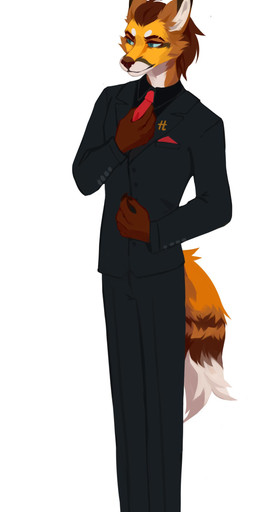 anthro black_bottomwear black_clothing black_pants black_suit black_topwear blue_eyes blue_sclera bottomwear brown_body brown_fur brown_hair cheek_tuft clothed clothing dipstick_ears ear_markings facial_tuft fur glistening glistening_eyes hair male markings mouth_closed multicolored_body multicolored_ears multicolored_fur narrowed_eyes necktie orange_body orange_fur pants red_necktie simple_background solo standing striped_body striped_fur striped_markings striped_tail stripes suit tail tail_markings topwear tuft unsigned white_background white_body white_fur corzh77 canid canine fox mammal absurd_res full-length_portrait hi_res portrait