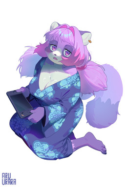 anthro asian_clothing barefoot big_breasts blush blush_lines breasts circle_eyebrows cleavage clothed clothing ear_piercing east_asian_clothing exposed_shoulder eyebrow_through_hair eyebrows feet female fluffy fluffy_tail fur hair half-closed_eyes highlights_(coloring) japanese_clothing kemono looking_at_viewer narrowed_eyes open_mouth piercing pink_highlights purple_body purple_eyes purple_fur purple_hair simple_background sitting solo tail translucent translucent_hair twintails_(hairstyle) white_background white_body white_fur yukata aruurara nintendo nintendo_switch_2 satori_(aruurara) canid canine mammal raccoon_dog tanuki 2025 hi_res