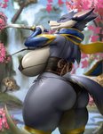 2020 anthro big_breasts big_butt black_nose blue_body blue_fur breasts butt canid canine canis canyne capcom clothing curvy_figure dagger detailed_background domestic_dog female fur hi_res holding_object holding_weapon huge_breasts huge_thighs looking_at_viewer mammal melee_weapon monster_hunter palamute panties plant signature smile solo standing taranima thick_thighs tree underwear voluptuous water weapon white_body white_fur wide_hips yellow_eyes