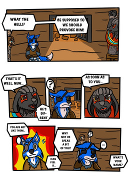 anthro black_body black_fur brown_hair dialogue dungeon fantasy fur group hair male muscular text warrior yellow_eyes garrus368 arboj_(garrus368) nova_(garrus368) shadow_(garrus368) canid canine canis human mammal wiffen_(specie) wolf comic english_text hi_res
