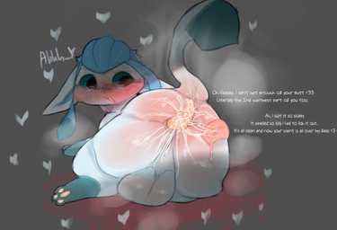 anal anus balls big_balls big_butt blue_body blue_fur bodily_fluids bubble butt dialogue disembodied_tongue duo feral fur genitals heart_symbol licking looking_back male musk open_mouth oral pawpads pink_anus rimming sex snot snot_bubble tail tears text tongue anonymous_artist nintendo pokemon eeveelution generation_4_pokemon glaceon pokemon_(species) hi_res
