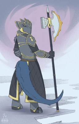 anthro armor axe blue_body blue_fur clothing costume fantasy fluffy fluffy_tail fur furry_tail grey_armor male medieval poleaxe sky solo tail weapon ocelotka dungeons_and_dragons hasbro mythology wizards_of_the_coast vayhl'ayne_(vahlyance) avian gryphon hybrid mythological_avian mythological_creature full-length_portrait portrait