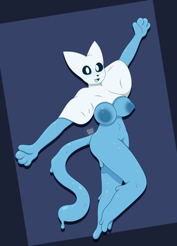 4_fingers anthro areola bedding blanket blue_body breasts dark_eyes fangs female fingers genitals happy looking_at_viewer nipples open_mouth slime smile solo teeth vulva white_eyes max_draws eclair_(max_draws) domestic_cat felid feline felis ghost mammal spirit absurd_res hi_res