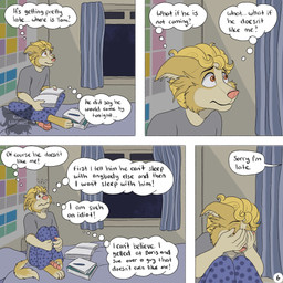 anthro barefoot bed blonde_hair book brown_eyes cheek_tuft clothing covering covering_eyes covering_face dialogue duo facial_tuft feet fur furniture hair hand_on_face holding_book holding_object hugging_legs logo male night offscreen_character on_bed open_window page_number pajamas pawpads periodic_table sitting sitting_on_bed speech_bubble tail text thought_bubble tuft what_if worried yellow_body yellow_fur kriek_wildebeest jeremy_(kriek_wildebeest) border_collie canid canine canis collie domestic_dog herding_dog mammal pastoral_dog sheepdog 1:1 artist_logo comic english_text hi_res multiple_scenes