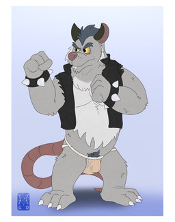 anthro armband blue_hair border claws clothing fighting_pose grey_body hair jockstrap looking_away male pecs pose pubes simple_background solo standing tail underwear white_border garo_(artist) brok_the_investigator cowcat_games squealers_chief mammal murid murine rat rodent 2025 absurd_res colored digital_media_(artwork) full-length_portrait hi_res line_art portrait