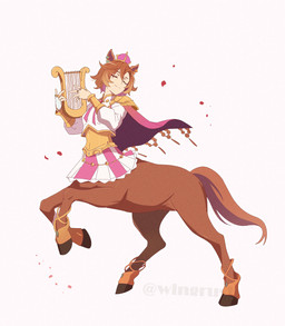 animal_ears brown_body brown_fur cape clothed clothed_female clothed_taur clothing crown eyes_closed female fur hair headgear holding_harp hooves light_body light_skin on_hind_legs pink_cape pink_clothing playing_harp quadruped short_hair simple_background solo tail taur_clothing taurified white_background wingrush european_mythology greek_mythology mythology t.m._opera_o_(pretty_derby) centaur equid equid_taur humanoid_taur mammal mammal_taur taur absurd_res hi_res signature