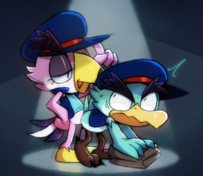 3_toes 4_fingers adjusting_hat anthro avian_feet beak belly bent_over blue_body blue_feathers bodily_fluids box butt button_(fastener) claws clothing container countershade_face countershade_torso countershading delivery_(commerce) delivery_employee duo eyebrows eyelashes eyeshadow feathers featureless_crotch feet fingers flirting from_behind_position frown green_body green_feathers grinding groping_from_behind hat headgear headwear jacket leaning leaning_forward makeup male male/male pink_body pink_feathers postal_carrier postal_delivery sex shirt smile standing surprise_sex surprised sweat tail tail_feathers talons thick_eyebrows toes topwear yellow_beak conditional_dnp kazoko_(artist) jasper_the_delivery_bird_(kazoko) joey_the_delivery_bird avian bird flamingo