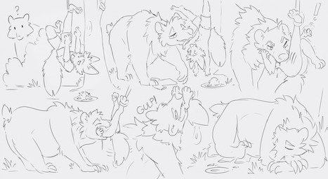ambiguous_gender anthro biped clothed clothed_anthro clothing death duo exclamation_point feral food fur grass helpless lettuce onomatopoeia oral_vore peril plant plate quadruped question_mark shrub sleeping snare_trap sound_effects text tree vegetable vore kibblekitt bear canid canine fennec_fox fox mammal true_fox 2025 digital_drawing_(artwork) digital_media_(artwork) english_description greyscale hi_res monochrome sequence sketch