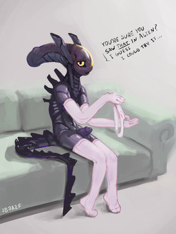 anthro armwear balls biped clothed clothed_anthro clothed_male clothing dialogue elbow_gloves femboy footwear furniture genitals gloves handwear holding_clothing holding_object holding_panties holding_underwear humanoid_genitalia humanoid_penis legwear male male_anthro mostly_nude mostly_nude_anthro mostly_nude_male narrowed_eyes on_sofa panties penis simple_background sitting sitting_on_sofa socks sofa solo spikes spikes_(anatomy) tail talking_to_viewer text thigh_highs thigh_socks three-quarter_view underwear 7b7a2f alien_(franchise) alien xenomorph 2025 3:4 absurd_res digital_media_(artwork) english_text hi_res signature