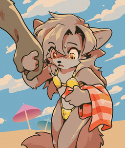 anthro beach beach_towel bikini blush bulge clothed clothed_anthro clothed_male clothing cloud crossdressing crossdressing_male detailed_bulge femboy hand_holding male outside sand sky swimwear towel two-piece_swimsuit young young_anthro young_male harmarist golden_week will_(harmarist) canid canine canis domestic_dog mammal wolf 2026 hi_res