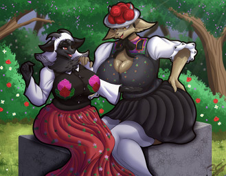 anthro bench big_breasts black_body black_fur black_hair blouse bottomwear breasts buckteeth cheek_tuft cleavage clothed clothed_anthro clothed_female clothing detailed_background dress duo eye_patch eyebrows eyelashes eyewear facial_hair facial_tuft female female/female floral_print flower footwear fur glistening glistening_breasts goatee grass hair hand_on_hip hand_on_own_hip hand_on_shoulder happy hat headgear headwear horn huge_breasts inner_ear_fluff knee_highs knee_socks legwear looking_at_another neck_tuft on_bench open_mouth plant pom_poms red_eyes sitting sitting_on_bench skirt small_horn smile socks tan_body tan_fur teeth topwear traditional_dress tree tuft yellow_eyes irc_(artist) bathory_black_(therealnarrowjungle) hanna_(wendigoinabox) alpine_goat bovid caprine domestic_goat goat mammal absurd_res hi_res signature