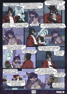 abs anthro beverage black_body black_feathers black_nose blue_hair breasts brown_body brown_fur brown_hair clothed clothed_anthro clothed_female clothed_male clothing coat cybernetics dialogue drinking fangs feathers female fur grey_body grey_fur group hair machine male markings scar speech_bubble teeth text tongue tongue_out topwear tribal tribal_markings white_body white_fur white_hair yawg the_iron_reef bopsir drudgegut kallie_lynn kathy_(yawg) mia_(yawg) piotr_(yawg) renee_watts avian bird canid canine canis corvid corvus_(genus) crow dinosaur domestic_dog felid lagomorph leporid mammal oscine pantherine passerine prehistoric_species rabbit reptile scalie tiger wolf 2025 comic english_text hi_res
