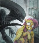 ambiguous_gender clenched_teeth constricted_pupils cutie_mark duo feral looking_away male peril pupils raised_wings scared small_pupils teeth wall_(structure) wings jewellier_(artist) alien_(franchise) friendship_is_magic hasbro my_little_pony mythology fluttershy_(mlp) alien equid equine mammal mythological_creature mythological_equine pegasus xenomorph 2020 hi_res