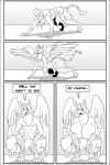 anthro avian beak big_breasts breast_expansion breasts clock-face clothing comic crouching english_text expansion feathered_wings feathers female gryphon hi_res huge_breasts male monochrome mythological_avian mythological_creature mythology non-mammal_breasts solo tail text torn_clothing transformation wings