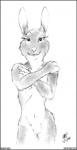 black_border border clothed clothing coy female looking_at_viewer nude simple_background solo topless white_background wdf lagomorph leporid mammal rabbit 1994 monochrome