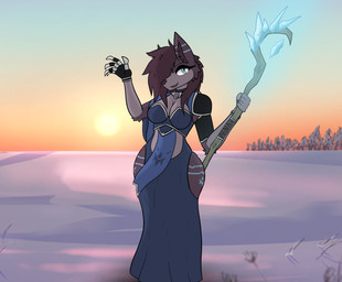 anthro breasts clothing dress female magic magic_staff magic_user snow solo witch kariwolf197 astra_(heroesofganvoroth) canid canine canis mammal wolf hi_res