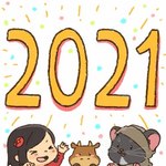 anthro black_body blush brown_body dot_eyes eyes_closed group holidays open_mouth simple_background you_miichi nairi_(series) new_year new_year_2021 nairi_(character) rex_(nairi) bovid bovine cattle human mammal murid murine rat rodent 1:1 2021 low_res