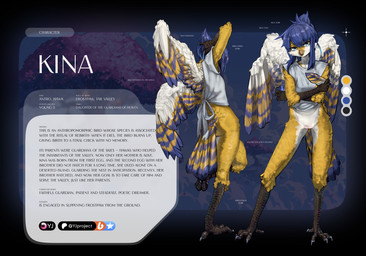 anthro avian_feet beak blue_body blue_eyes blue_feathers blue_hair breasts clothing feathers female front_view hair looking_at_viewer multicolored_body non-mammal_breasts scuted_arms scuted_legs scutes shirt small_breasts solo standing t-shirt tail tail_feathers text topwear white_body white_feathers yellow_body yellow_feathers kyrkyma yj_project kina_(yj) avian bird absurd_res english_text hi_res model_sheet