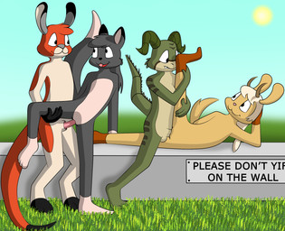 ambiguous_gender andromorph anthro female foursome genitals grass group group_sex herm intersex intersex/female male male/female penetration penis plant sex vaginal vaginal_penetration vulva wall_(structure) young young_on_young lucyhaupdarsteller fallout microsoft bianca_(charlesdragon) kyuna_wolf lucy_(deathclaw) rufus_black bovid canid canine canis caprine deathclaw goat kangaroo macropod mammal marsupial scalie wolf absurd_res hi_res