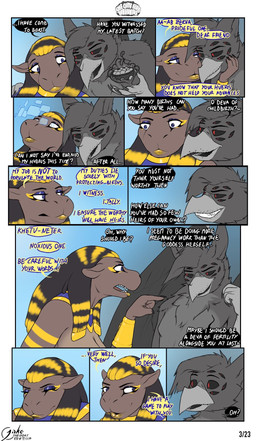 anthro beak big_breasts blush breasts dialogue duo egyptian female fur hair horn long_hair male multi_eye nude open_mouth overweight simple_background speech_bubble teeth text wings jakethegoat egyptian_mythology middle_eastern_mythology mythology taweret taweret_(jakethegoat) zerva_von_zadok_(capesir) avian bird bovid caprine common_hippopotamus deity goat hippopotamid mammal mythological_avian mythological_creature 2024 artist_name comic digital_media_(artwork) english_text hi_res signature