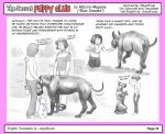 border canid canine canis comic domestic_dog english_text female frisbee frisbee_in_mouth great_dane greyscale human leash mammal mastiff mizuiro_megane molosser monochrome outside park pink_border simple_background sketch text translated walking white_background