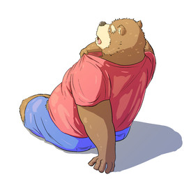 anthro biped bottomwear brown_body brown_fur clothing fur humanoid_hands male overweight overweight_anthro overweight_male shirt shorts simple_background sitting solo topwear tail_person bear mammal 2015
