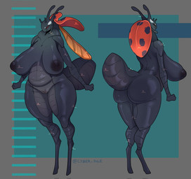 antennae_(anatomy) anthro areola arthropod_abdomen big_breasts big_butt black_areola black_body black_breasts black_nipples black_skin black_vulva breasts butt female genitals huge_breasts inverted_nipples ladybug_print membrane_(anatomy) membranous_wings neck_wings nipples red_eyes simple_background slightly_chubby slightly_chubby_female solo standing vulva wings yellow_wings cyber_d1e arthropod beetle cucujoid insect ladybug hi_res signature