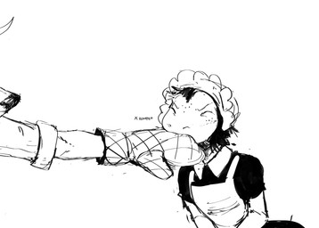 anthro bite clothing duo eyes_closed female freckled_face freckles handwear maid_uniform male nibbling oven_mitts uniform hladilnik deer_admiral_(hladilnik) lonely_shark_(hladilnik) aquatic deer fish mammal shark 2026 black_and_white hi_res monochrome