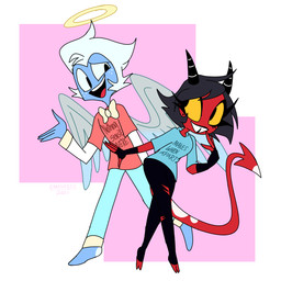 back_wings black_hair blue_body blue_feathers blue_hair bow_tie clothed clothing duo eyelashes feathered_wings feathers female freckled_face freckles hair halo hooves horn long_eyelashes long_tail male male/female shirt simple_background smile spade_tail t-shirt tail text topwear unguligrade wings yellow_eyes emositecc hellaverse helluva_boss millie_(helluva_boss) moxxie_(helluva_boss) angel angel_humanoid demon demon_humanoid humanoid imp 1:1 colored english_text hi_res