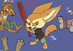 3_toes 4_toes anthro barefoot blue_background bottomwear claws clothed clothing feet group holding_object holding_weapon male on_ground shorts simple_background text toes weapon borba disney zootopia duke_weaselton finnick_(zootopia) canid canine fennec_fox fox mammal mustelid musteline true_fox true_musteline weasel 2019 digital_media_(artwork) english_text signature watermark