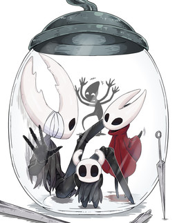2_horns 4_arms 4_fingers ambiguous_gender anthro bandage biped black_body black_eyes cloak clothed clothing container empty_eyes fingers group horn in_container in_jar jar larger_ambiguous melee_weapon motion_lines multi_arm multi_limb one_eye_obstructed red_cloak red_clothing shadow simple_background size_difference smaller_ambiguous standing weapon white_background white_eyes hirakue012 hollow_knight_(franchise) team_cherry collector_(hollow_knight) hollow_knight_(character) hornet_(hollow_knight) the_knight_(hollow_knight) arthropod vessel_(species) 2026 absurd_res hi_res female_(lore) half_sister_(lore) sibling_(lore) sister_(lore)