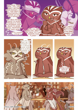animal_genitalia anthro ball_gag bar bdsm beak biped blindfold bondage bound butt butt_slap chest_tuft cloaca container cup detailed_background dialogue feathered_wings feathers female fluffy furniture gag gagged genitals group looking_at_another male nude onomatopoeia open_mouth open_smile pink_tongue profanity public rear_view red_body red_feathers sitting slap smile sound_effects spanking speech_bubble table tail tail_feathers tan_body tan_feathers tavern text tongue tuft winged_arms wings yellow_beak yellow_eyes rozalid it's_all_just_pretend atheniv flammeusia athene_(genus) avian bird eared_owl little_owl owl short-eared_owl true_owl absurd_res comic digital_media_(artwork) english_text hi_res
