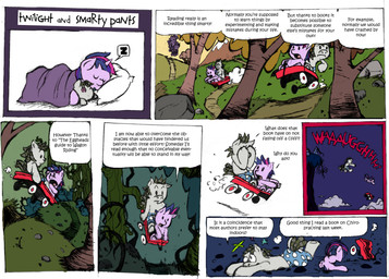 dialogue doll eyes_closed female feral forest fur globe hair horn multicolored_hair outside parody plant purple_body purple_eyes purple_fur purple_hair sleeping text tree two_tone_hair vehicle wagon wood young young_feral ripfrost calvin_and_hobbes friendship_is_magic hasbro my_little_pony mythology smartypants_(mlp) twilight_sparkle_(mlp) equid equine mammal mythological_creature mythological_equine unicorn 2012 absurd_res comic english_text hi_res