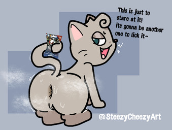 anus big_butt bodily_fluids body_worship butt female feral fur genitals grey_body grey_fur looking_back musk musk_worship nude presenting presenting_hindquarters pupils shaking_butt solo sweat sweaty_butt teasing teasing_viewer teasing_with_butt text vulva steezycheezy bobbing_cat domestic_cat felid feline felis mammal hi_res