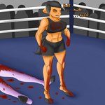 anthro black_hair blood bodily_fluids bottomwear boxing bra clothing duo female fighting_ring fur hair orange_body orange_fur purple_body purple_fur shorts sport sports_bra text underwear arisenleaf fluffy_pony cloe_(arisenleaf) fluffy_pony_(species) mammal 1:1 english_text hi_res